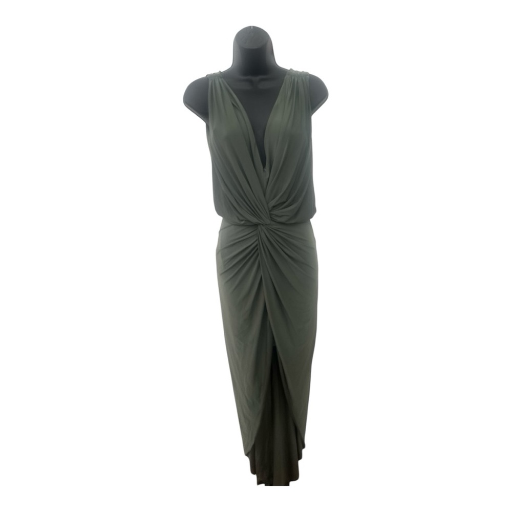 Misa Los Angeles Green Ruched V-Neck Backless Gown